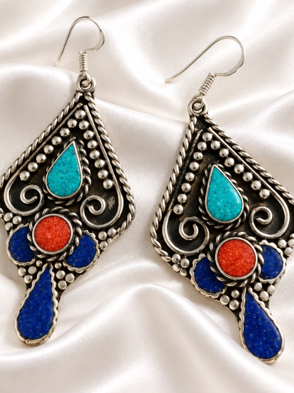 Bohemian Teardrop Dangle Earrings with Turquoise & Blue Inlay